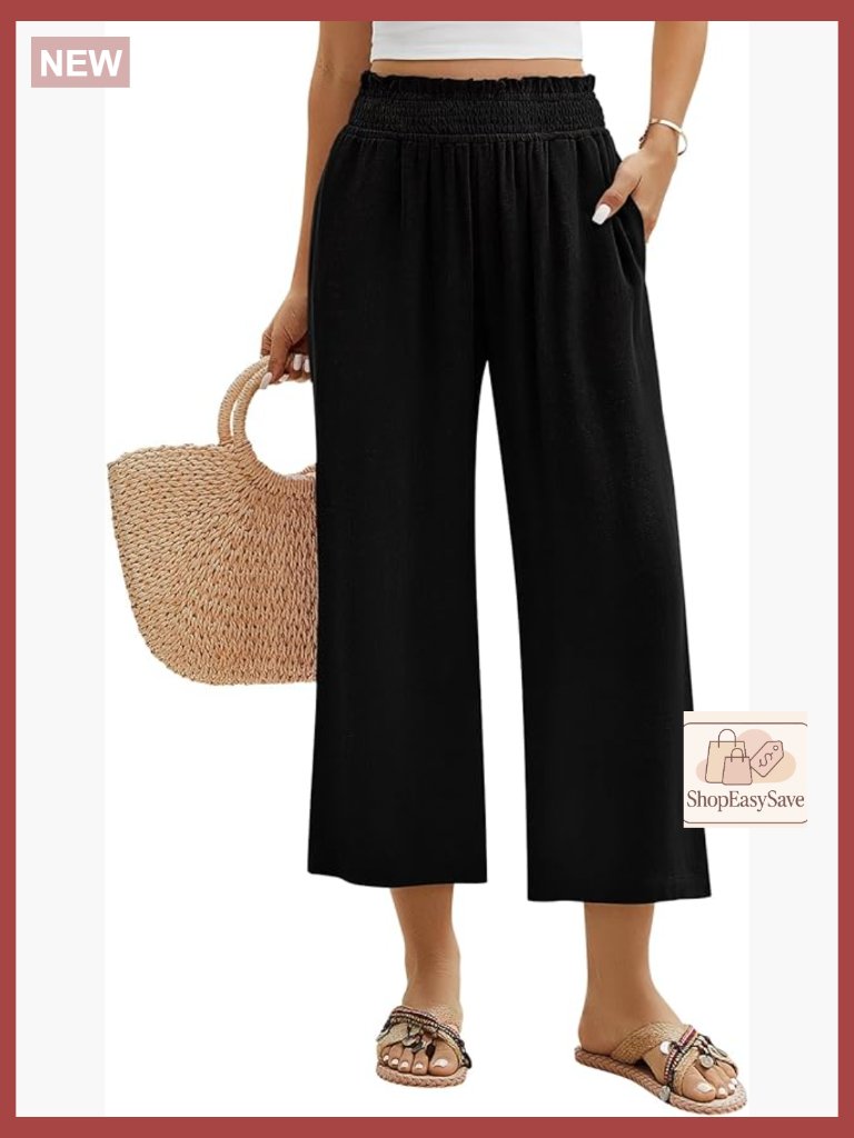 Wide Leg Capri Pants Pull On Linen Palazzo Trousers Smocked Elastic Waist Flowy